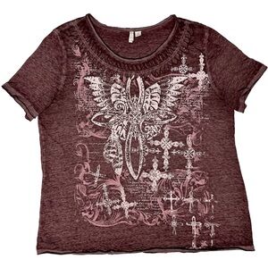 Y2K Grunge Burnout T-Shirt with Cross Cut Out Neckline Emo Size XL